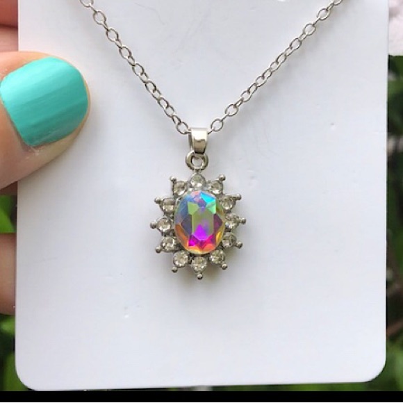 Aurora Borealis Crystal Halo Drop Necklace - Picture 4 of 9